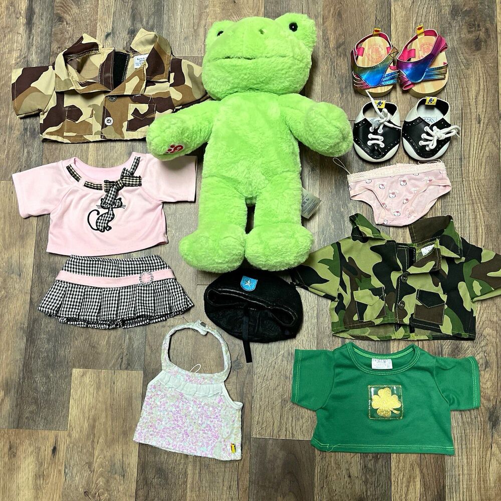 Build-A-Bear BAB Workshop Spring Green Frog w/ Clothes & Shoes Bundle